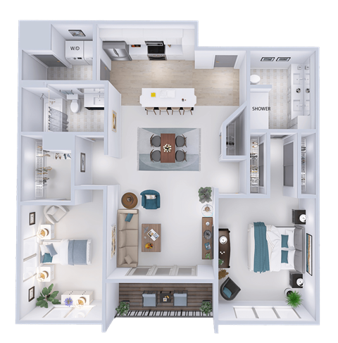 Floor plan for 2 beds, 2 baths, 1277 sqft